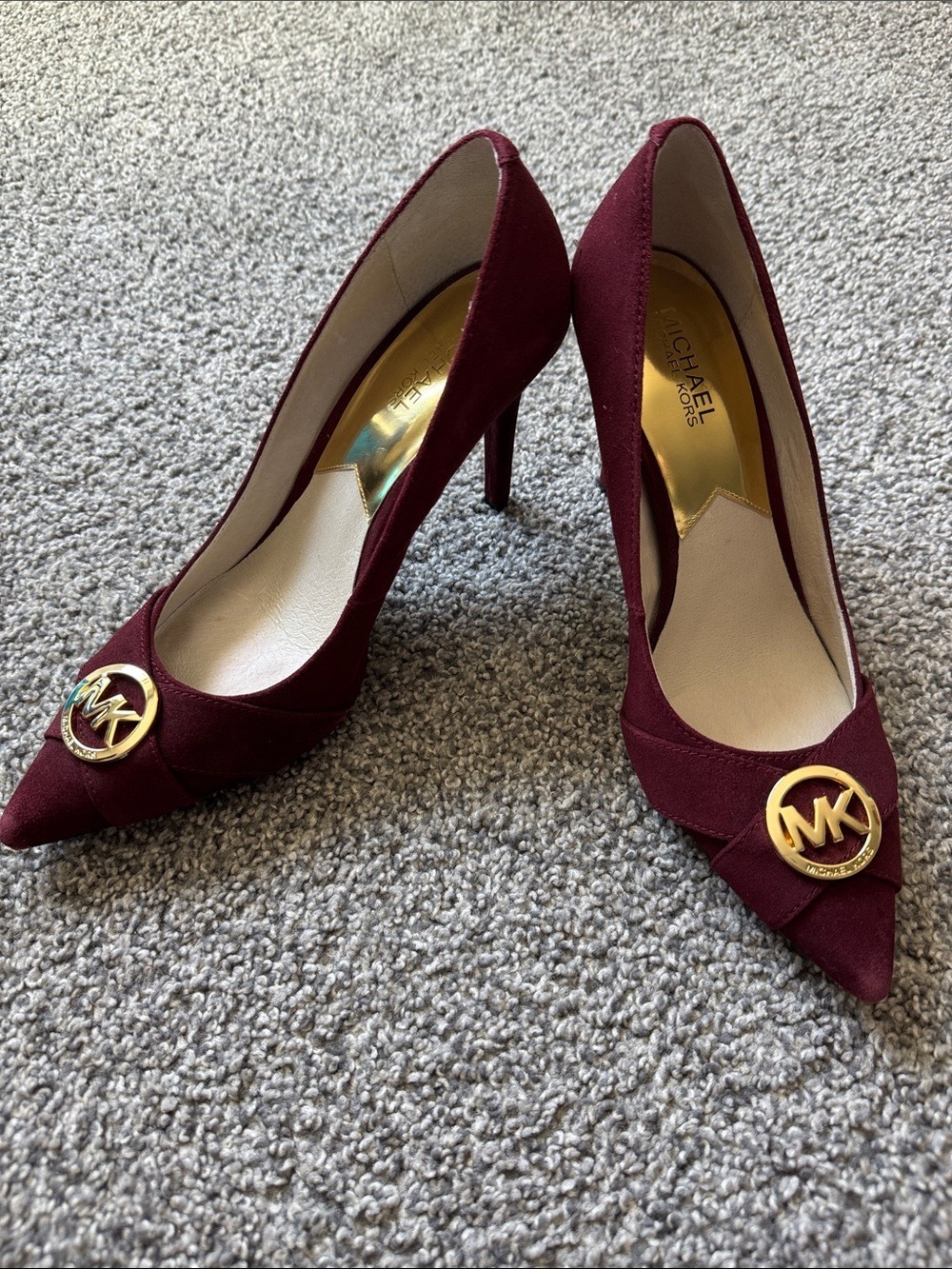 Michael Kors Wine Pointed Toe Pumps with Gold MK Medallion - Picture 3 of 7
